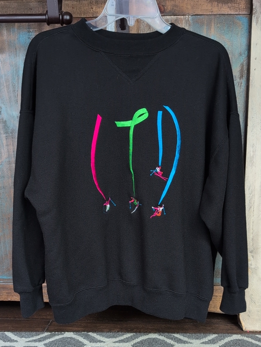 Limited Too Black Sweatshirt Embroidered Skiers Tracks Vintage 90s - Junior's 14